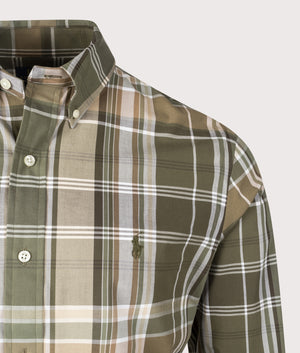 Polo Ralph Lauren Custom Fit Plaid Stretch Poplin Shirt in Checked Olive. EQVVS Detail Shot.