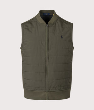 Polo Ralph Lauren Quilted Hybrid Vest in Armadillo Green and Windsor Heather. Front Shot at EQVVS.