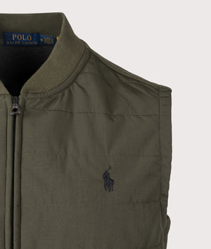 Polo Ralph Lauren Quilted Hybrid Vest in Armadillo Green and Windsor Heather. Detail Shot at EQVVS.