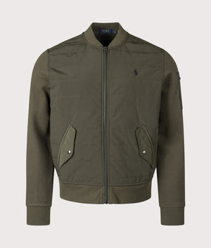 Polo Ralph Lauren Hybrid Bomber Jacket in Armadillo Green and Windsor Heather. Front shot at EQVVS