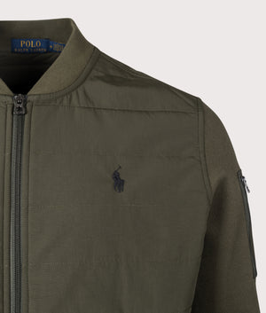 Polo Ralph Lauren Hybrid Bomber Jacket in Armadillo Green and Windsor Heather. Detail shot at EQVVS