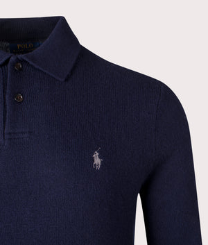 Polo Ralph Lauren Polo Collar Knit Jumper in Hunter Navy. Detail Shot at EQVVS.