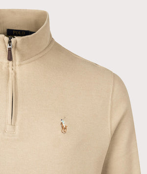 Discover the Polo Ralph Lauren Estate-Rib Quarter Zip Knit in Coastal Beige. Detail Shot at EQVVS.