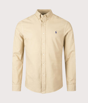 Polo Ralph Lauren Slim Fit Garment-Dyed Oxford Shirt in Coastal Beige. Front Shot at EQVVS.