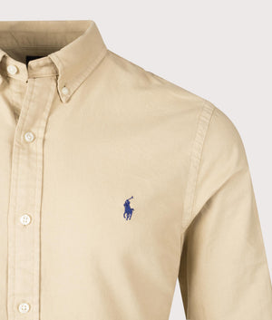 Polo Ralph Lauren Slim Fit Garment-Dyed Oxford Shirt in Coastal Beige. Detail Shot at EQVVS.