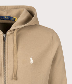 Polo Ralph Lauren Zip Through Hoodie in Desert Khaki at EQVVS. Logo Shot.