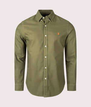 Polo Ralph Lauren, Slim Fit Garment-Dyed Oxford Shirt, New Olive, Eqvvs Menswear, front shot angle