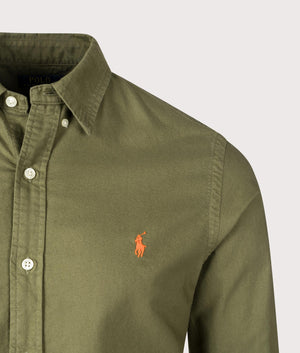 Polo Ralph Lauren, Slim Fit Garment-Dyed Oxford Shirt, New Olive, Eqvvs Menswear, detailed shot angle