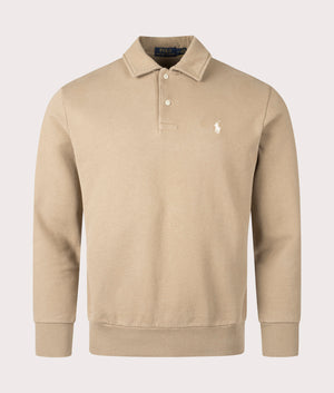 Polo Ralph Lauren Loopback Fleece Collared Sweatshirt in Desert Khaki. Front Shot at EQVVS