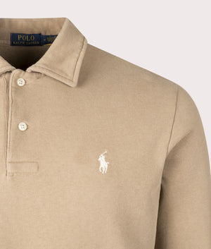 Polo Ralph Lauren Loopback Fleece Collared Sweatshirt in Desert Khaki. Detail Shot at EQVVS