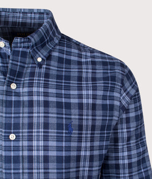 Polo Ralph Lauren Custom Fit Brushed Twill Pony Player Shirt in Blue for Men at EQVVS. Detail Shot at EQVVS