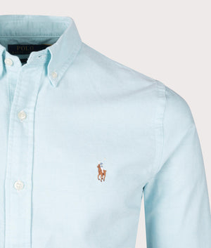 Polo Ralph Lauren Slim Fit Oxford Shirt in Aegean Blue. Detail Shot at EQVVS.