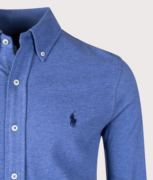 Polo Ralph Lauren Featherweight Mesh Shirt inFaded Royal Heather Blue. EQVVS Detail Shot.