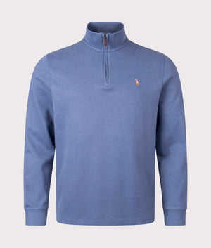 Estate-Rib Quarter Zip Knit in Capri Blue by Polo Ralph Lauren at EQVVS. Front Angle Shot. 