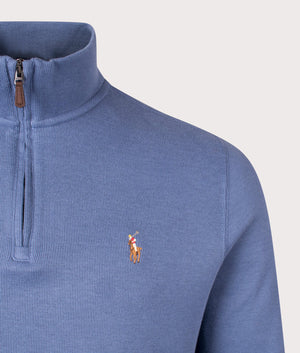 Estate-Rib Quarter Zip Knit in Capri Blue by Polo Ralph Lauren at EQVVS. Detail Shot. 