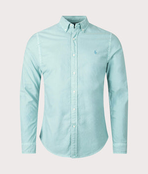 Polo Ralph Lauren Slim Fit Garment-Dyed Oxford Shirt in Deep Seafoam . Shot at EQVVS. Front shot. 