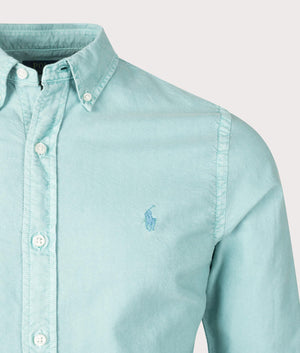 Polo Ralph Lauren Slim Fit Garment-Dyed Oxford Shirt in Deep Seafoam . Shot at EQVVS.  Detail shot. 