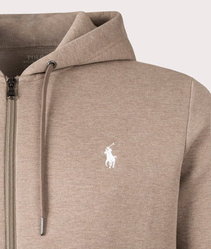 Polo Ralph Lauren Zip Through Double Knit Hoodie in Brown Heather. Shot at EQVVS. Front logo shot 