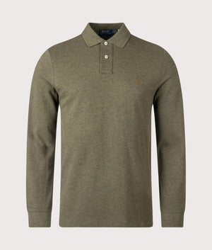 Polo Ralph Lauren Custom Slim Fit Long Sleeve Polo Shirt in Service Green Heather. EQVVS Front Shot.