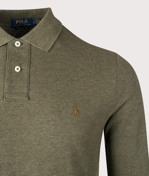 Polo Ralph Lauren Custom Slim Fit Long Sleeve Polo Shirt in Service Green Heather. EQVVS Detail Shot.