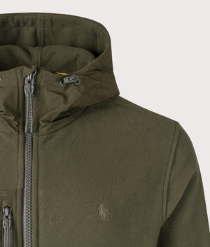 Polo Ralph Lauren Brushed Fleece Hybrid Hooded Jacket in Company Olive. EQVVS Detail Shot