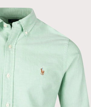 Polo Ralph Lauren Slim Fit Oxford Shirt in Summer Emerald. Detail Shot.