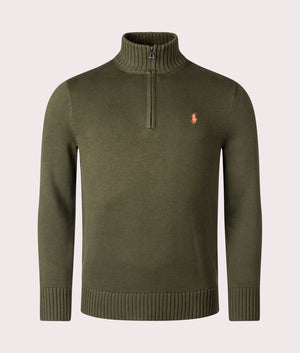 Polo Ralph Lauren Mesh-Knit Cotton Quarter Zip Pullover in New Olive. Front Shot at EQVVS