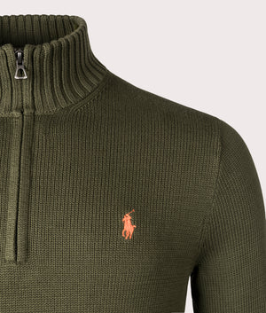 Polo Ralph Lauren Mesh-Knit Cotton Quarter Zip Pullover in New Olive. Detail Shot at EQVVS