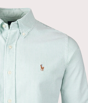 Polo Ralph Lauren Custom Fit Striped Oxford Shirt in Summer Emerald. Shot at EQVVS. Detail shot. 