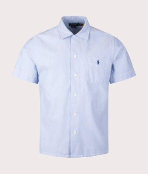 Polo Ralph Lauren Classic Fit Oxford Camp Shirt in Blue. EQVVS front shot.