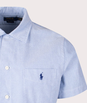 Polo Ralph Lauren Classic Fit Oxford Camp Shirt in Blue. EQVVS detail shot.