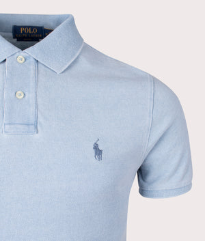 Discover the Polo Ralph Lauren Slim Fit Mesh Polo Shirt Light Indigo. Detail Shot at EQVVS.