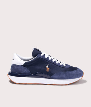 Polo Ralph Lauren Train 89 Suede Sneakers in Navy/Multi. Shot at EQVVS.  Side shot. 