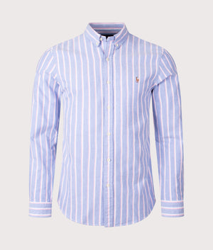 Polo Ralph Lauren Slim Fit Striped Oxford Shirt in Blue/Pink. Shot at EQVVS.  Front shot. 