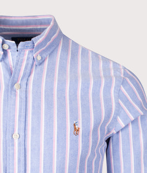 Polo Ralph Lauren Slim Fit Striped Oxford Shirt in Blue/Pink. Shot at EQVVS. Detail shot. 