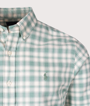 Polo Ralph Lauren Custom Fit Plaid Oxford Shirt in Seafoam Cream. Shot at EQVVS. Detail shot. 