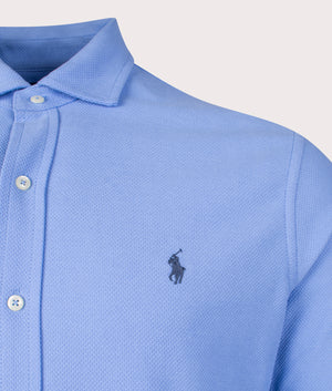 Polo Ralph Lauren Honeycomb-Knit Shirt in Canvas Blue at EQVVS. Detail Shot.