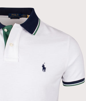 Polo Ralph Lauren Custom Slim Fit Mesh Polo Shirt in White/Antique Green. Shot at EQVVS.  Detail shot.