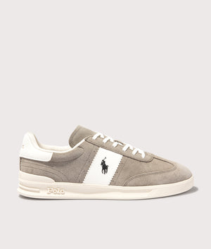 Polo Ralph Lauren Heritage Aera Suede Sneakers in Earth Grey/Deckwash White. Shot at EQVVS. Side shot. 