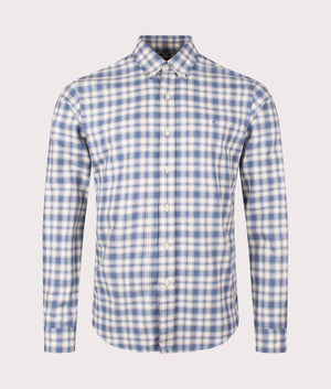 Polo Ralph Lauren Custom Fit Plaid Oxford Shirt in Blue and Cream at EQVVS. Front Shot.