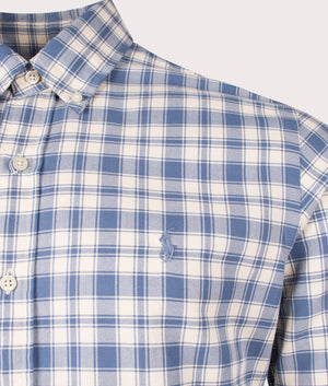 Polo Ralph Lauren Custom Fit Plaid Oxford Shirt in Blue and Cream at EQVVS. Detail Shot.