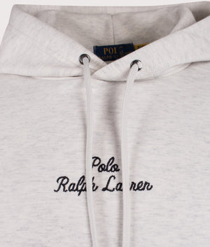 Polo Ralph Lauren Script Chest Logo Hoodie in Soho Heather. Shot at EQVVS.  Detail shot. 