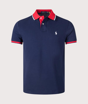 Polo Ralph Lauren Custom Slim Fit Mesh Polo Shirt in Newport Navy/Red, 100% cotton at EQVVS. Front shot. 