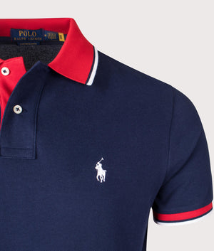 Polo Ralph Lauren Custom Slim Fit Mesh Polo Shirt in Newport Navy/Red, 100% cotton at EQVVS. Detailed logo shot. 