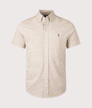 Polo Ralph Lauren Featherweight Mesh Short Sleeve Shirt in Tuscan Beige Heather, 100% cotton at EQVVS. Front Shot. 