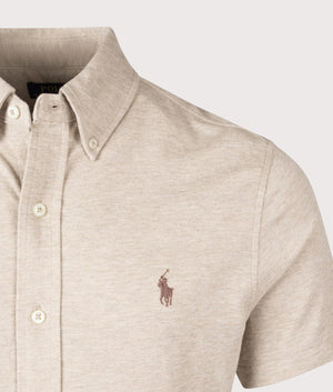 Polo Ralph Lauren Featherweight Mesh Short Sleeve Shirt in Tuscan Beige Heather, 100% cotton at EQVVS. Detailed logo shot. 