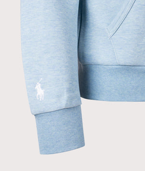 Polo Ralph Lauren Script Chest Logo Hoodie in Modern Blue Heather. Shot at EQVVS. Detail shot. 