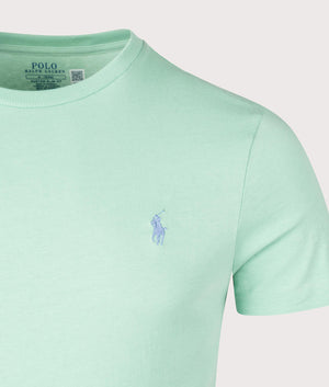 Polo Ralph Lauren Custom Slim Fit Jersey T-Shirt in Celadon, 100% cotton at EQVVS. Detailed logo shot. 