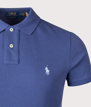 Polo Ralph Lauren Custom Slim Fit Mesh Polo Shirt in Light Navy. EQVVS Detail Shot.