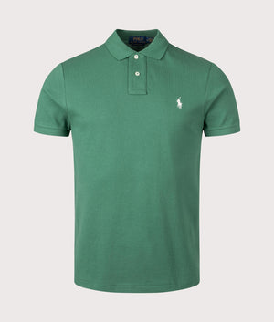 Polo Ralph Lauren Custom Slim Fit Mesh Polo Shirt in Vibrant Antique Green. EQVVS front shot.